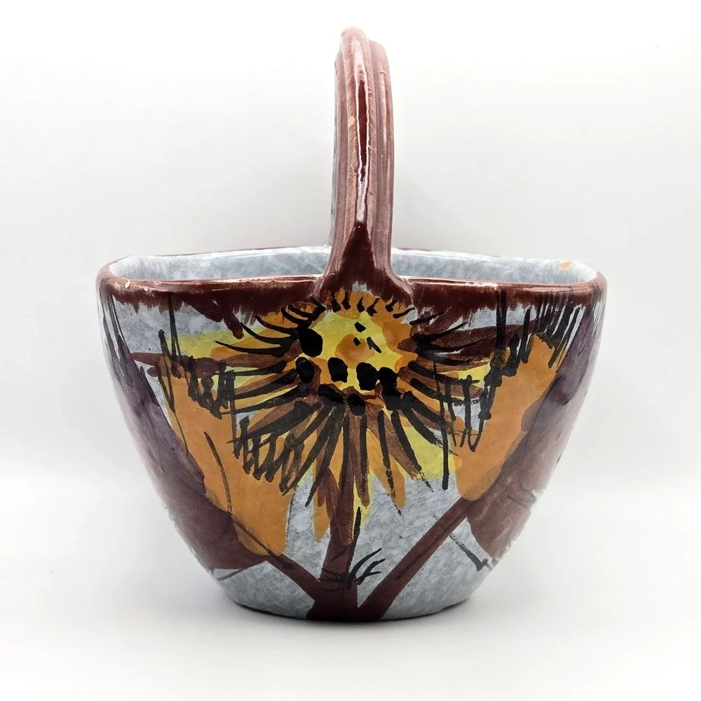 Vintage Italian Ceramic Basket Hand Painted Sunflower‎ Pottery Made in Italy